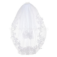 Nylon Mesh Bridal Veils with Hair Comb, Embroidery Lace Edge, for Women Wedding Party Decorations, White, 733x925x0.1~0.2mm(AJEW-WH0258-993)