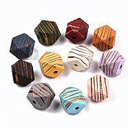Painted Natural Wood Beads, Laser Engraved Pattern, Faceted, Polygon with Zebra-Stripe, Mixed Color, 16x15.5~16.5x15.5~16.5mm, Hole: 3mm(WOOD-T021-52C-M)