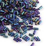 Plated Glass Bugle Beads, Iris, Blue Plated, 4~4.5x2mm, Hole: 1mm, about 450g/bag, 14000pcs/bag(SEED-R011-704)