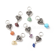 7Pcs 7 Styles Chakra Natural & Synthetic Mixed Stone Chips Alloy Pendants, Natural Green Aventurine & Garnet & Red Aventurine & Lapis Lazuli & Amethyst & Citrine, Synthetic Turquoise, Heart Charm with Butterfly, 23mm, Stone: 7~9x4~7mm, Heart: 10x12x4mm, Hole: 5.6mm, 1pc/style(PALLOY-JF01778-04)