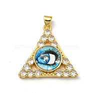 Real 18K Gold Plated Brass Pendants, with Glass and Acrylic, Triangle With Evil Eye Charms, Light Sky Blue, 27x28x7mm, Hole: 4x3.5mm(KK-L209-007G-05)