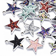 UV Plating Acrylic Pendants, with Imitation Leather inlaid Glitter Sequins/Paillette, Star, Mixed Color, Platinum, 24x22x2.5mm, Hole: 1.8mm(PACR-R245-08P)