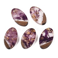 Transparent Resin and Walnut Wood Pendants, Oval Charms with Gold Foil, Dark Violet, 22x12.5x3.5mm, Hole: 2mm(RESI-T057-03H)