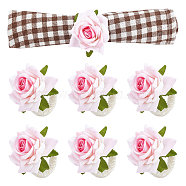 6Pcs Jute Braided Napkin Rings, with Silk Artificial Rose Flower, for Wedding, Valentine's Day, Anniversary, Pearl Pink, 75mm(DJEW-CP0001-20A)
