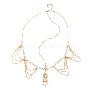 Bohemian Women Tassel Head Chain, with Iron, Imitation pearl, Alloy Rhinestone Findings, Forehead Dance Headbands Hair Wedding Jewelry, Golden, 53.7cm, Pendant: 39x14.5x2.5mm(X-OHAR-WH0005-01G)