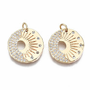 Brass Micro Pave Clear Cubic Zirconia Pendants, Nickel Free, Flat Round with Sun & Moon, Real 18K Gold Plated, 18x18x2mm, Jump Ring: 5x0.7mm, 3mm inner diameter(KK-S356-224G-NF)