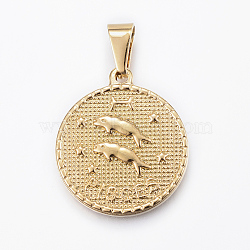 Real 18K Gold Plated 304 Stainless Steel Pendants, Flat Round with Twelve Constellation/Zodiac Sign, Pisces, 29x25x3.2mm, Hole: 9x4.5mm(X-STAS-H372-01E)