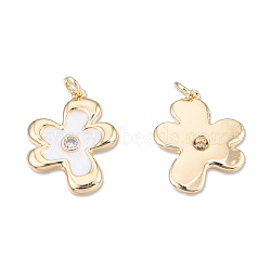 Brass Pave Clear Cubic Zirconia Pendants, with Enamel and Jump Ring, Cadmium Free & Nickel Free & Lead Free, Flower, Real 18K Gold Plated, 16x12.5x2mm, Jump Ring: 3.5x1mm, 2mm inner diameter(KK-N232-494)