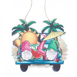 Summer Theme Wooden Hanging Wall Decorations for Front Door Home Decoration, with Jute Twine and Plastic Traceless Hook, Car with Gnome, Colorful, 190x200x4.5mm, Hole: 4.5mm(HJEW-WH0047-11)