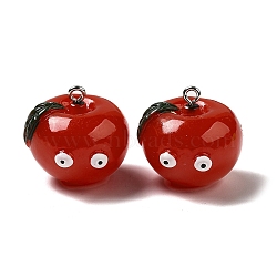 Cartoon Opaque Resin Fruit Pendants, Funny Eye Apple Charms with Platinum Plated Iron Loops, FireBrick, 22x23.5x25mm, Hole: 2mm(CRES-B018-05)