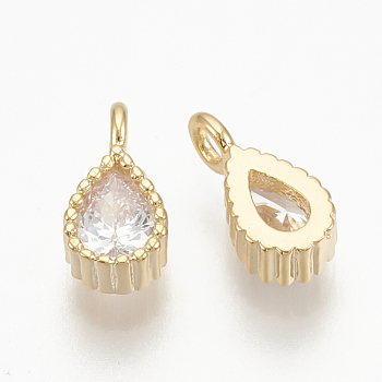 Brass Cubic Zirconia Charms, Nickel Free, teardrop, Real 18K Gold Plated, 8x4x2mm, Hole: 1mm