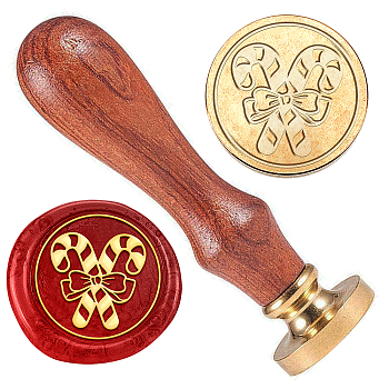 Golden Tone Brass Wax Seal Stamp Head with Wooden Handle, for Envelopes Invitations, Gift Card, Candy Cane, 83x22mm, Stamps: 25x14.5mm