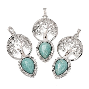 Natural Amazonite Pendants, with Rack Plating Platinum Tone Brass Findings, Tree of Life Bezeled Charms, 55x27x7mm, Hole: 8x5mm