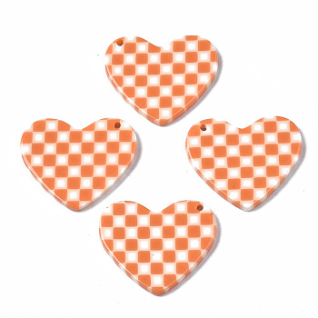 Opaque Cellulose Acetate(Resin) Pendants, Heart with Grid Pattern, Coral, 23.5x27.5x2.5mm, Hole: 1.4mm