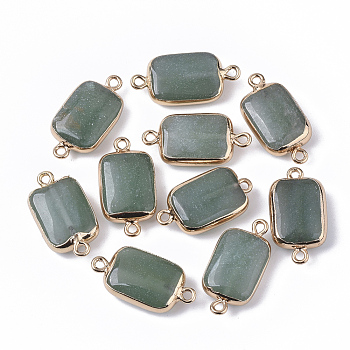 Edge Golden Plated Natural Green Aventurine Links connectors, with Golden Tone Iron Loops, Rectangle, 26~27x13.5x6~7mm, Hole: 1.6~1.8mm