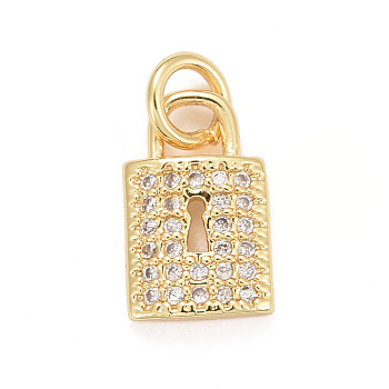 Eco-Friendly Brass Micro Pave Cubic Zirconia Pendants, with Jump Ring, Long-Lasting Plated, Lead Free & Cadmium Free, Lock, Real 24K Gold Plated, 11.5x7x2mm, Jump Ring: 5x1mm, 3mm inner diameter