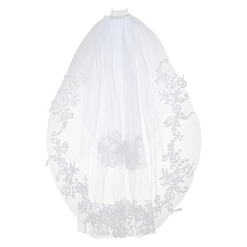 Nylon Mesh Bridal Veils with Hair Comb, Embroidery Lace Edge, for Women Wedding Party Decorations, White, 733x925x0.1~0.2mm