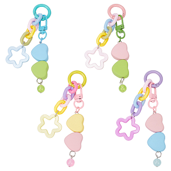 WADORN 4Pcs 4 Colors Plastic Colorful Matte Heart Pendant Keychain with Flower Chains Mobile Accessories Decoration, for Women Bag Mobile Phone Car Key Decor, Mixed Color, 12.2cm, 1pc/color