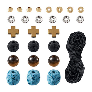 DIY Men's Gemstone Bracelet with Cross Making Kits, Including Natural Tiger Eye & Lava Rock & Synthetic Hematite Beads, Golden, Beads: 250Pcs/box