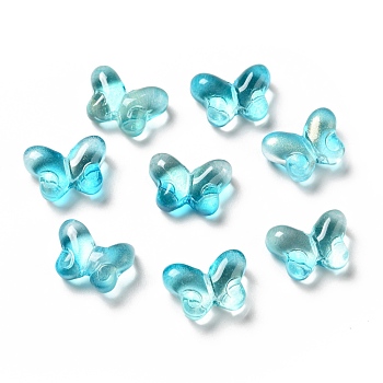 Transparent Baking Paint Glass Beads, with Glitter Powder, Butterfly, Cyan, 10x14x5.5mm, Hole: 1mm