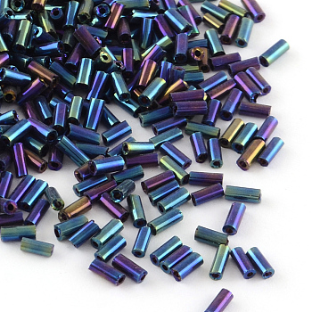 Plated Glass Bugle Beads, Iris, Blue Plated, 4~4.5x2mm, Hole: 1mm, about 450g/bag, 14000pcs/bag