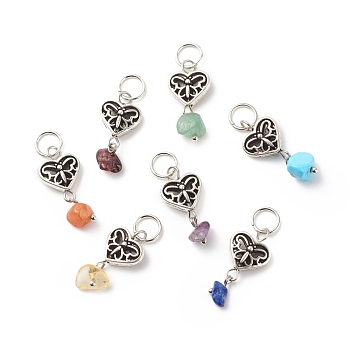 7Pcs 7 Styles Chakra Natural & Synthetic Mixed Stone Chips Alloy Pendants, Natural Green Aventurine & Garnet & Red Aventurine & Lapis Lazuli & Amethyst & Citrine, Synthetic Turquoise, Heart Charm with Butterfly, 23mm, Stone: 7~9x4~7mm, Heart: 10x12x4mm, Hole: 5.6mm, 1pc/style