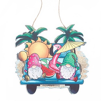 Summer Theme Wooden Hanging Wall Decorations for Front Door Home Decoration, with Jute Twine and Plastic Traceless Hook, Car with Gnome, Colorful, 190x200x4.5mm, Hole: 4.5mm