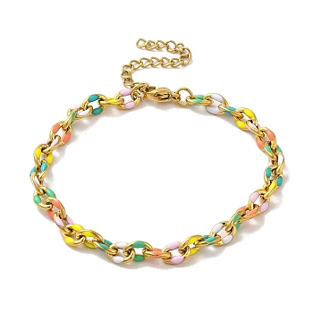 304 Stainless Steel Enamel Colorful Oval Cross Chain Bracelets for Women, Golden, 7-1/8 inch(18cm)