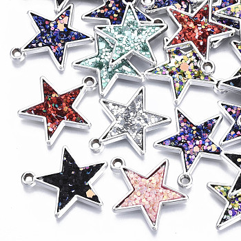 UV Plating Acrylic Pendants, with Imitation Leather inlaid Glitter Sequins/Paillette, Star, Mixed Color, Platinum, 24x22x2.5mm, Hole: 1.8mm
