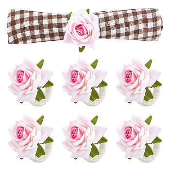 6Pcs Jute Braided Napkin Rings, with Silk Artificial Rose Flower, for Wedding, Valentine's Day, Anniversary, Pearl Pink, 75mm