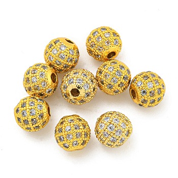 Round Brass Micro Pave Cubic Zirconia Beads, Clear, Real 18K Gold Plated, 6mm, Hole: 1.8mm