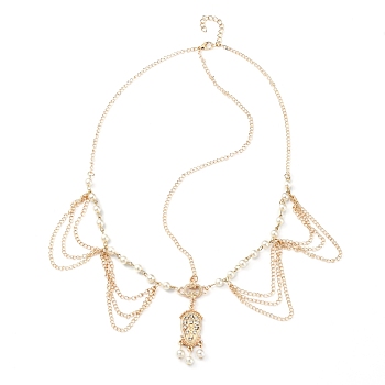 Bohemian Women Tassel Head Chain, with Iron, Imitation pearl, Alloy Rhinestone Findings, Forehead Dance Headbands Hair Wedding Jewelry, Golden, 53.7cm, Pendant: 39x14.5x2.5mm