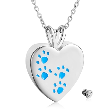 316L Surgical Stainless Steel Heart with Paw Print Urn Ashes Pendant Necklace with Enamel, Memorial Jewelry for Men Women, Stainless Steel Color, Dodger Blue, 17.72 inch(45cm)