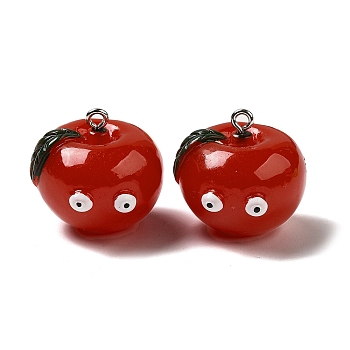 Cartoon Opaque Resin Fruit Pendants, Funny Eye Apple Charms with Platinum Plated Iron Loops, FireBrick, 22x23.5x25mm, Hole: 2mm