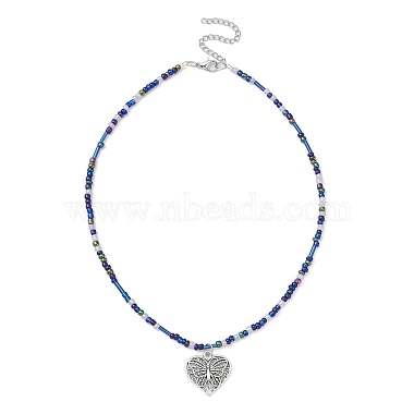 Tibetan Style Alloy Heart with Butterfly Pendant Necklace with Seed Beaded Chains(NJEW-JN04341)-3