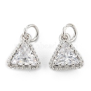 Brass Micro Pave Clear Cubic Zirconia Pendants, Long-Lasting Plated, Triangle, Real Platinum Plated, 10x9x5.5mm, Hole: 3.4mm(ZIRC-P088-01P)