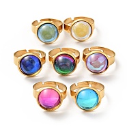 Flat Round K9 Glass Adjustable Ring, 304 Stainless Steel Jewelry for Women, Golden, Mixed Color, US Size 6(16.5mm), Ring Surface: 14x7mm(RJEW-G253-01B-G)