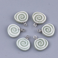 Handmade Porcelain Charms, Bright Glazed Porcelain, with Brass Findings, Flat Round, Platinum, Dark Sea Green, 14~15x12~13x3mm, Hole: 1.5mm(PORC-T002-96B)