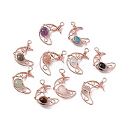 Natural & Synthetic Mixed Gemstone Pendants, with Rack Plating Rose Gold Tone Brass Findings, Cadmium Free & Lead Free, Moon, 31.5~33x22x8.5mm, Hole: 2.5~3mm(G-H281-41RG)