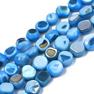 Natural Trochid Shell/Trochus Shell Beads Strands, Dyed, Flat Round, Deep Sky Blue, 5~9x1~6mm, Hole: 0.8mm, about 49~50pcs/strand, 15.16 inch~15.87 inch(38.5cm~40.3cm)(SHEL-S258-083-B04)