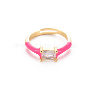 Brass Enamel Cuff Rings, Open Rings, with Clear Cubic Zirconia, Nickel Free, Rectangle, Golden, Deep Pink, US Size 7 1/4(17.5mm)(RJEW-T016-23A-NF)