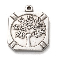 Non-Tarnish 304 Stainless Steel Pendants, Square with Tree of Life, Stainless Steel Color, 21.5x18.5x2.5mm, Hole: 1.6mm(STAS-I170-29P)