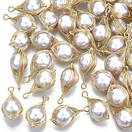 ABS Plastic Imitation Pearl Wire Wrapped Pendants, with Light Gold Plated Brass Wire, Teardrop, Gainsboro, 23x11~12x10mm, Hole: 2mm(KK-N235-003)