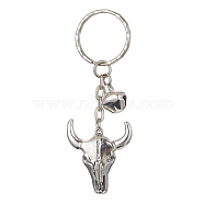 Tibetan Style Alloy Bull Head Kcychain, with Iron Findings and Iron Bells Charm, Antique Silver & Platinum, 8.1cm(KEYC-JKC00562-03)