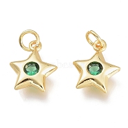 Brass Micro Pave Cubic Zirconia Charms, with Jump Ring, Stars, Golden, Green, 11.5x8.5x2.5mm, Hole: 1.5mm Jump rings: 3.5x0.8mm(KK-M206-30G-01)
