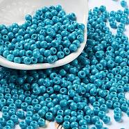 Baking Paint Glass Seed Beads, Round, Dark Cyan, 4x3mm, Hole: 1.2mm, about 7650pcs/pound(SEED-H002-I-A508)