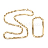 Ion Plating(IP) 304 Stainless Steel Cuban Link Chain Bracelets & Necklaces Jewelry Sets, with Lobster Claw Clasps, Golden, 23.81 inch(60.5cm), 9-1/8 inch(23cm), Link: 8x6x3mm(SJEW-B019-03A-G)