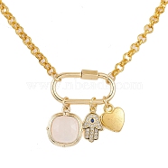 Iron & Natural Rose Quartz Pendants Necklaces, Hamsa Hand and Heart Charm Necklaces, Golden, 20.75 inch(52.7cm)(NJEW-JN04905)