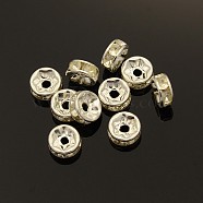 Brass Rhinestone Spacer Beads, Grade B, Clear, Silver Color Plated, Size: about 7mm in diameter, 3.2mm thick, hole: 1.2mm(RSB037-B01)