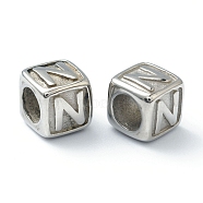 304 Stainless Steel European Beads, Large Hole Beads, Horizontal Hole, Cube with Letter, Stainless Steel Color, Letter.N, 8x8x8mm, Hole: 4mm(STAS-H145-01N-P)